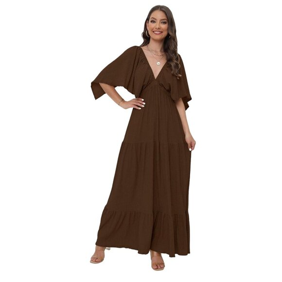 Sunnow Maxi Chocolate Brown V-Neck Dress - Size Small - Picture 2 of 7